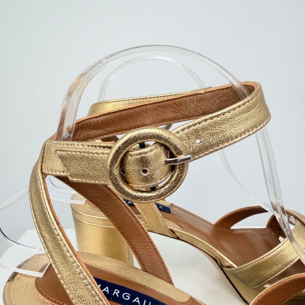 Margaux Gold Nappa Leather Platform Sandals Size 37.5 Block Heel Ankle Strap - Picture 10 of 16